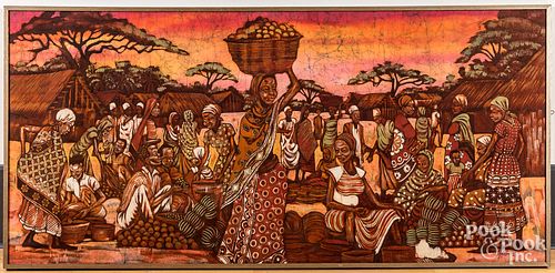 Oil on fabric African village, signed MAMmary