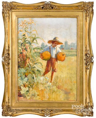 Adam Albright oil on canvas of a boy with pumpkins