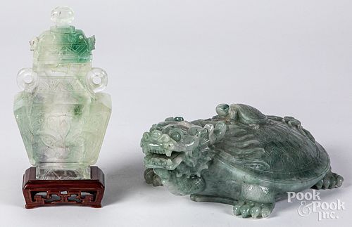 Chinese carved jadeite turtle and crystal urn