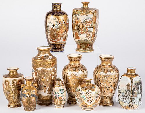Ten small Japanese Satsuma porcelain vases