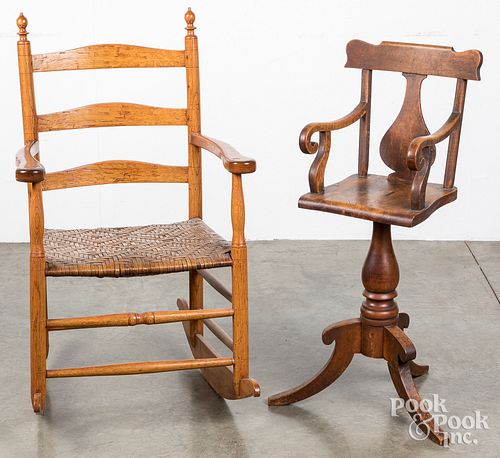 Ladderback rocking chair,  and a maple highchair