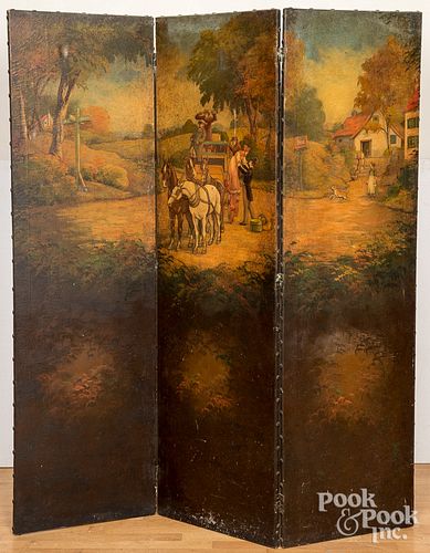 Oil on canvas three-part folding screen