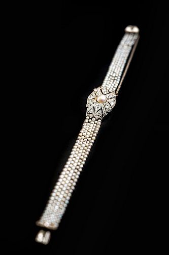 French Platinum and Diamond Seed Pearl Bracelet