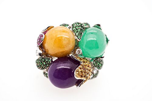 18K White Gold Purple, Green and Yellow Jade Ring