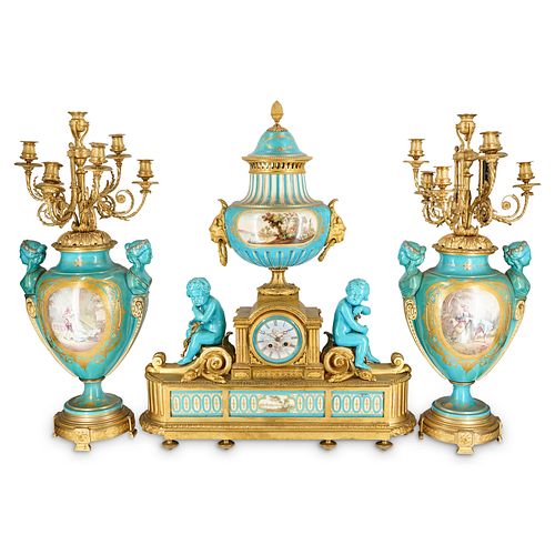 19th Cent. French Ormolu-Mounted Sevres Turquoise Porcelain Clock Set