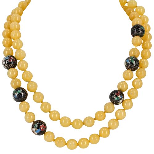 Chinese Yellow Jade And Cloisonne Beaded Necklace