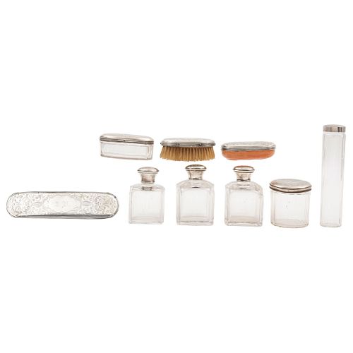 TOILETRIES SET WITH EMBOSSED LIDS AND INITIALS A.B., Made in glass and silver, Pieces: 8  Maximum size: 1.7 x 7.2 x 1.3" (4.4 x 18.3 x 3.5 cm) | JUEGO
