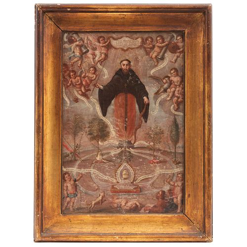 ALEGORÍA DE SAN AGUSTÍN COMO COLUMNA DE LA IGLESIA, ANONYMOUS, 18TH CENTURY, Oil on canvas, Conservation details, 14.9 x 10" (38 x 25.5 cm) | ALEGORÍA