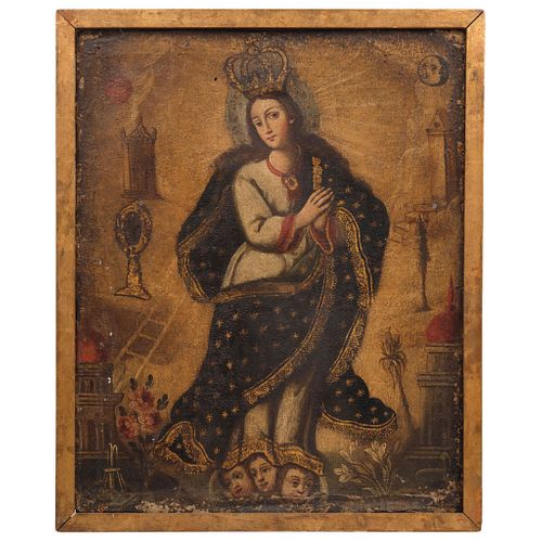 TOTA PULCHRA ANONYMOUS, COLONIAL AMERICAN CONTEXT, 18TH CENTURY Oil and golden brocade on canvas 31.8 x 25.5" (81 x 65 cm) | TOTA PULCHRA ANÓNIMO, CON