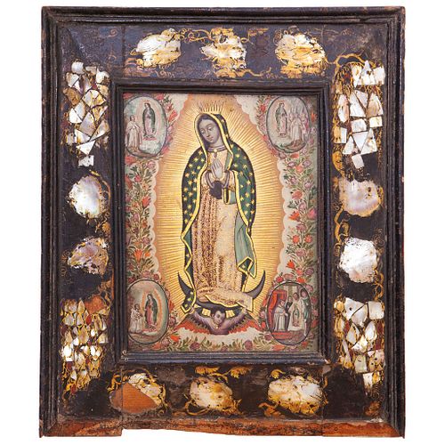 VIRGEN DE GUADALUPE CON APARICIONES MEXICO, 18TH CENTURY Oil on sheet, shell frame Canvas: 9.4 x 7" (24 x 18 cm)  Frame: 15.3 x 12.9" (39 x 33 cm) | V