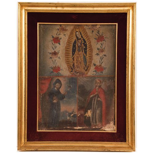 SAMPLE OF RELIGIOUS IMAGES MEXICO, 19TH CENTURY 1.- Virgen de Guadalupe 2.- San Francisco de Asís 3.- San Agustín 20.2 X 14.7" (51.5 x 37.5 cm) | MUES