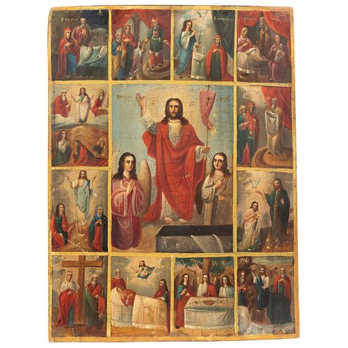 ICON RUSSIA, 20TH CENTURY  CRISTO RESUCITADO CON PASAJES DE LA VIDA DE JESÚS Y DE LA VIRGEN Oil on wood 16.5 x 12.2" (42 x 31 cm) | ICONO RUSIA, SIGLO