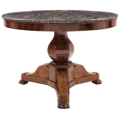 TABLE FRANCE, Ca. 1900 Made of wood, circular cover, tripod stand, with marble Conservation details 26.7 x 39.3" (68 x 100 cm) | MESA FRANCIA, Ca. 190
