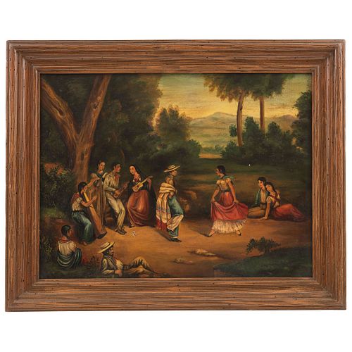 IN MANNER OF MANUEL SERRANO (MEXICO, 1828) EL JARABE TAPATÍO Oil on canvas Conservation details 18.8 x 24.8" (48 x 63 cm) | A LA MANERA DE MANUEL SERR