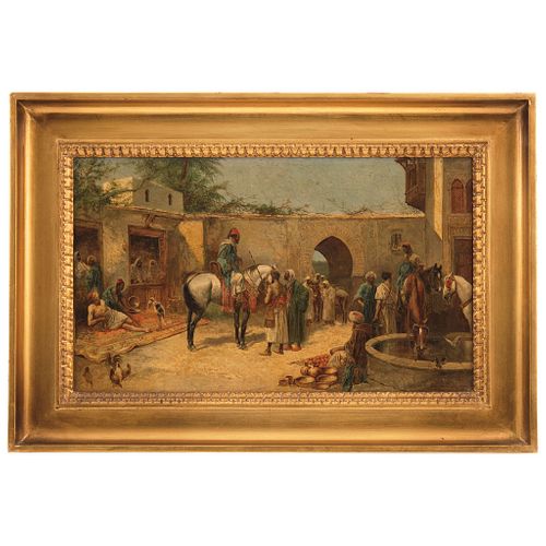MANUEL PICOLO LÓPEZ MURCIA, (1855-1912) JINETES Y PERSONAJES ÁRABES Oil on canvas Signed Conservation details 10.4 x 17.5" (26.5 x 44.5 cm) | MANUEL P