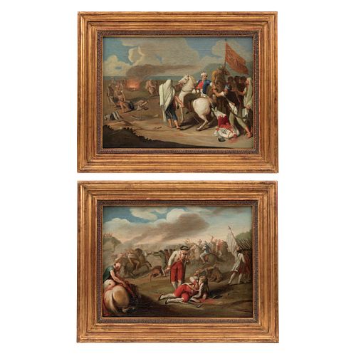 PAR DE ESCENAS DE BATALLA EUROPA, 19TH CENTURY Oil on canvas Conservation details 16.5 x 22" (42 x 56 cm) | PAR DE ESCENAS DE BATALLA EUROPA, SIGLO XI
