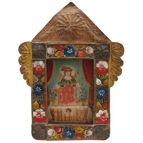 SANTO NIÑO DE ATOCHA MEXICO, 19TH CENTURY Oil on sheet. Metal frame with glass and polychrome paper 6.6 x 5.1" (17 x 13 cm) | SANTO NIÑO DE ATOCHA MÉX