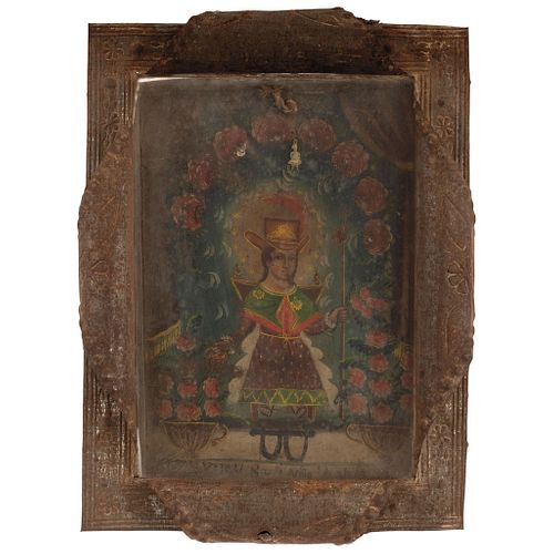 SANTO NIÑO DE ATOCHA MEXICO, 19TH CENTURY Oil on sheet Metal frame with glass and polychrome paper 6.6 x 5.1" (17 x 13 cm) | SANTO NIÑO DE ATOCHA MÉXI