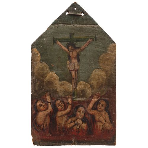 CRISTO DE ÁNIMAS MEXICO, 19TH CENTURY Oil on wood Conservation details  9.8 x 5.9" (25 x 15 cm) | CRISTO DE ÁNIMAS MÉXICO, SIGLO XIX Óleo sobre madera