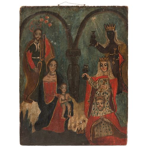 ADORACIÓN DE LOS REYES MEXICO, 19TH CENTURY Oil on wood Includes polychrome frame Conservation details 12.5 x 9.4" (32 x 24 cm) | ADORACIÓN DE LOS REY