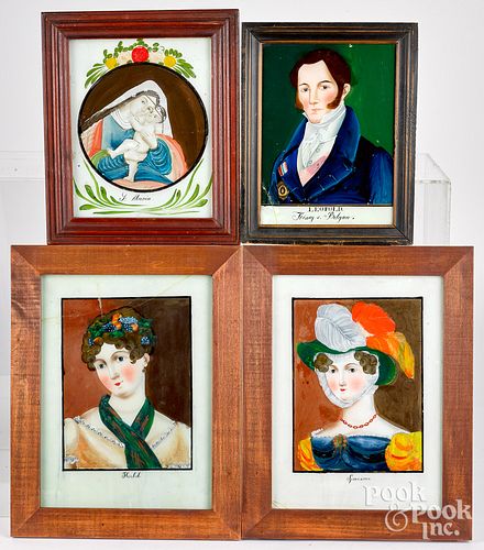 Four reverse painted portraits, 19th c.
