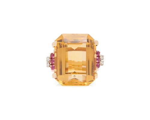 14K Gold, Citrine, Ruby, and Diamond Ring