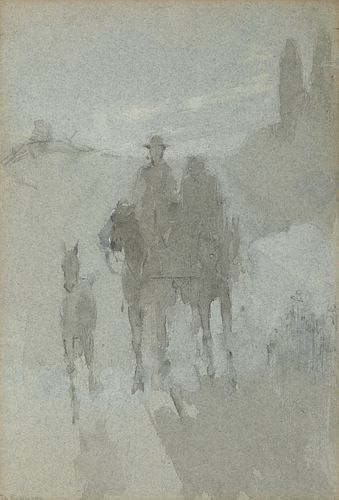 THEODORE ROBINSON, (American, 1852-1896), Figures on Horseback, watercolor on paper, sight: 11 1/4 x 7 1/2 in., frame: 16 3/4 x 12 3/4 in.