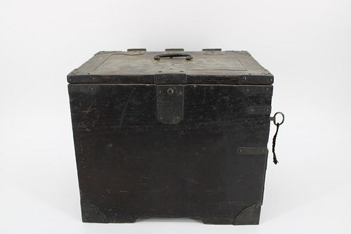 Antique Metal and Wood Strong Box with Key.