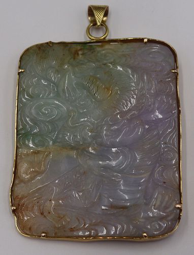 JEWELRY. Carved Lavender and Green Jade Pendant.