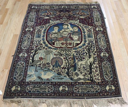 Antique Signed Finely Hand Woven Pictorial Carpet