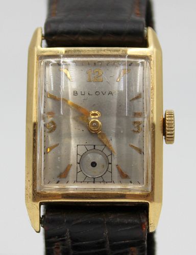 JEWELRY. Men's Bulova 14kt Gold Convex Watch.
