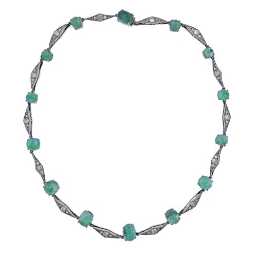 Art Deco 14k Gold Emerald Diamond Necklace