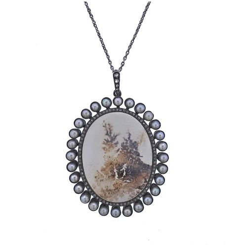Antique Dendritic Agate Diamond Pearl Pendant Necklace
