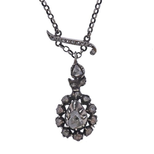Antique Silver Rose Cut Diamond Pendant Necklace