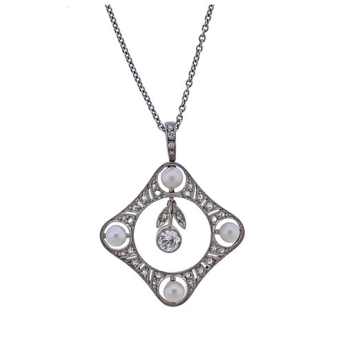 Art Deco Platinum Gold Diamond Pearl Pendant Necklace