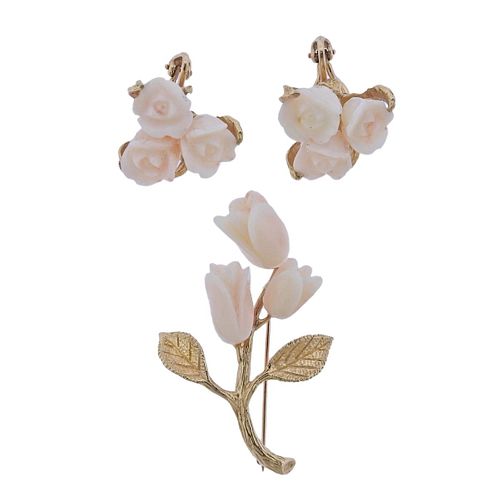 14k Gold Carved Coral Flower Earrings Brooch Set