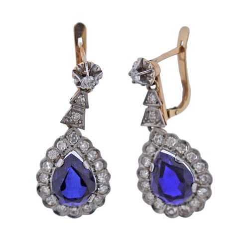 14k Gold Diamond Blue Stone Drop Earrings