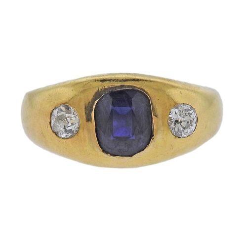 French 18k Gold Diamond Sapphire Gypsy Ring