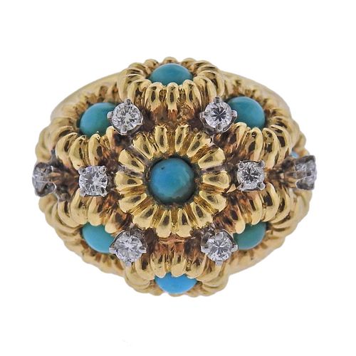 1960s 18k Gold Turquoise Diamond Ring