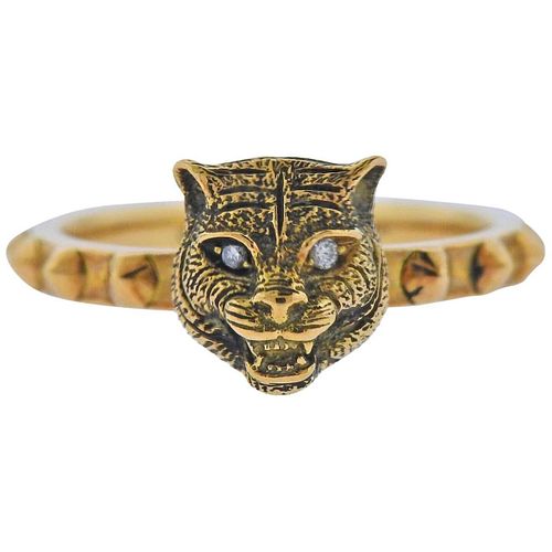 Gucci Les Marches Des Marseilles Gold Diamond Feline Head Studded Ring