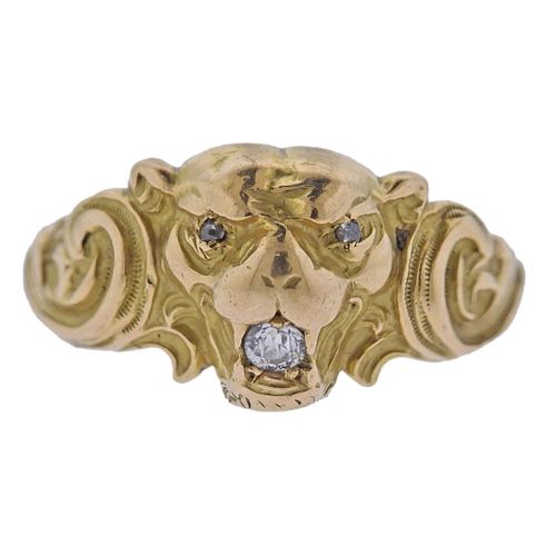 Antique 18k Gold Diamond Lion Head Ring