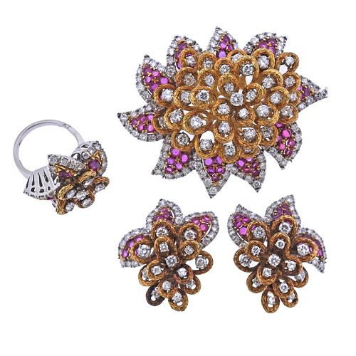 1960s 18k Gold 16ctw Diamond Ruby Earrings Brooch Ring Set