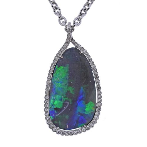 Andrew Grima Black Opal Diamond Platinum Pendant Gold Necklace