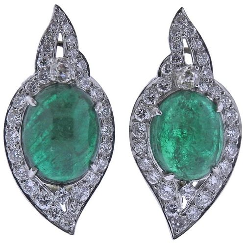 18K Gold Cabochon Emerald Diamond Earrings