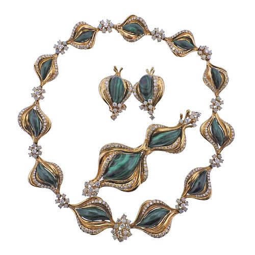 12ctw Diamond Malachite Opal Gold Necklace Brooch Earrings Set