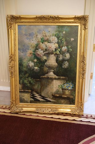 Oil on Canvas of urn w/white roses