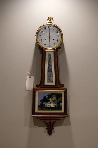Banjo clock with reverse painting of Mt Vernon mahogany case