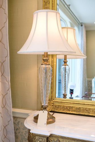 (2) Crystal lamps w/brass stands and shades