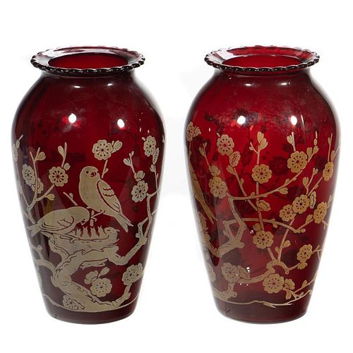 Pair Japonesque Cranberry Glass Vases