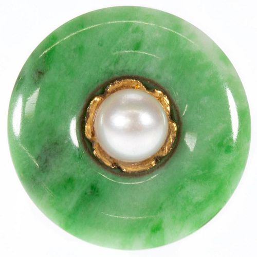 Jade, cultured pearl and 22k gold ring